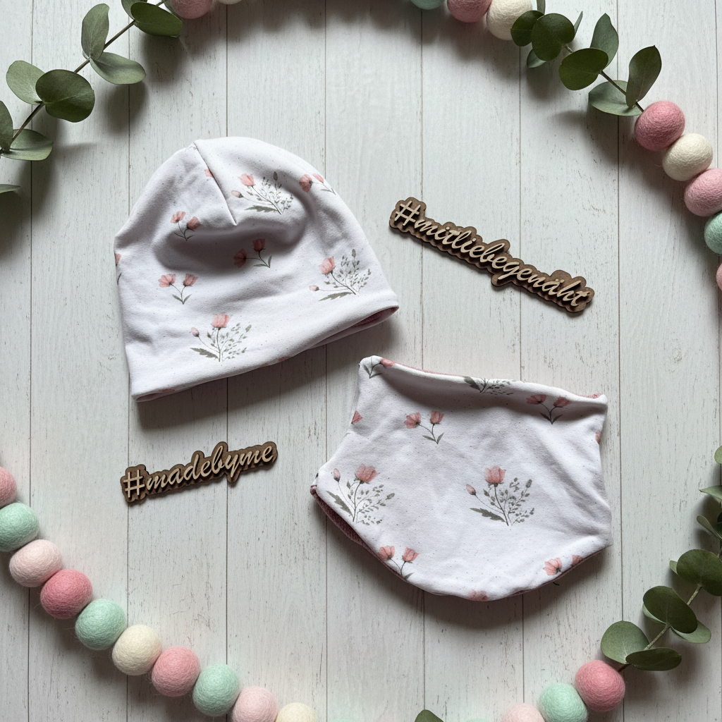 Flatlay Mützen-Halstuch-Set Kirschblüte