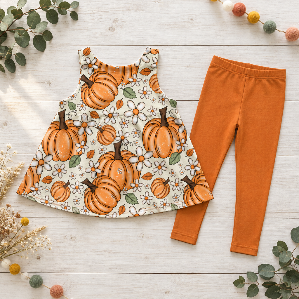 Flatlay mit Kürbiskleid und passender Leggings