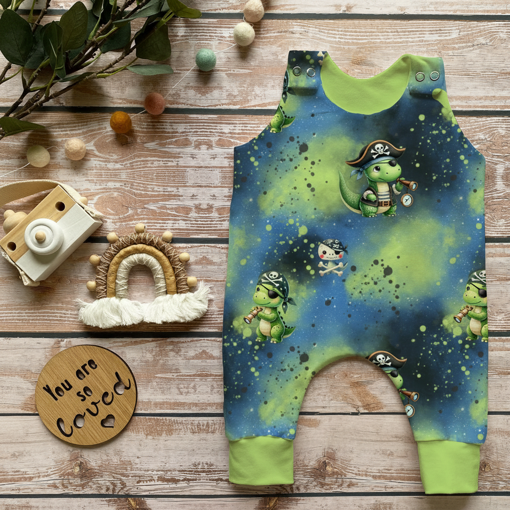 Flatlay Piraten-Dino-Strampler