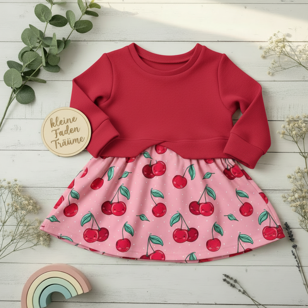 Flatlay Pulloverkleid Kirschen rot – korrekter Schnitt