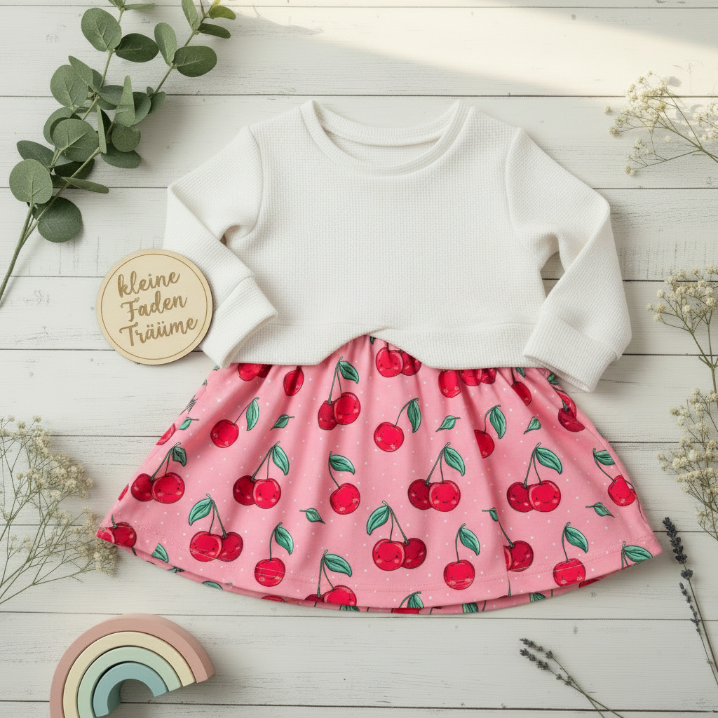 Flatlay Pulloverkleid Kirschen weiß