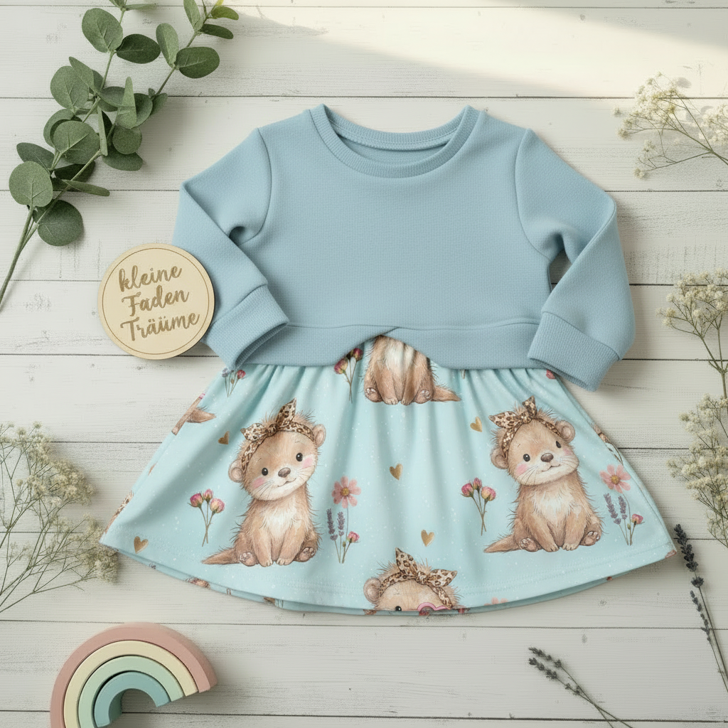 Flatlay Pulloverkleid Otter hellblau – korrekter Schnitt