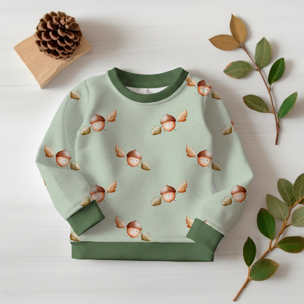 Fliegendes-Eichelmännchen-Pullover mit Salbeigrün-Bündchen 1:1