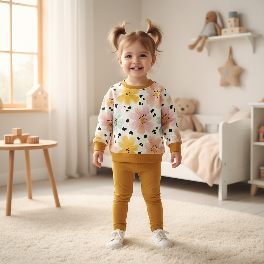 Flower-Pullover blondes Mädchen senfgelbe Leggings 1:1