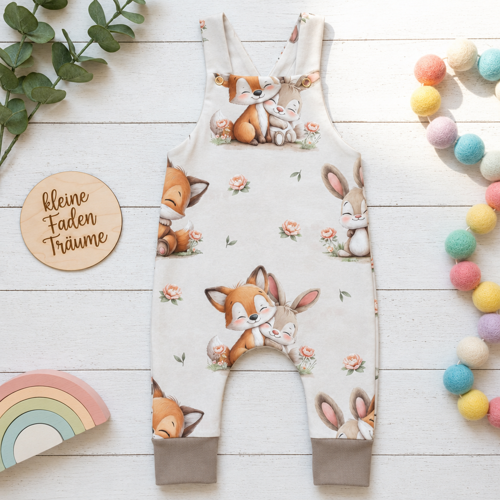 Fuchs-und-Hase-Latzhose mit taupefarbenen Bündchen im Format 1:1