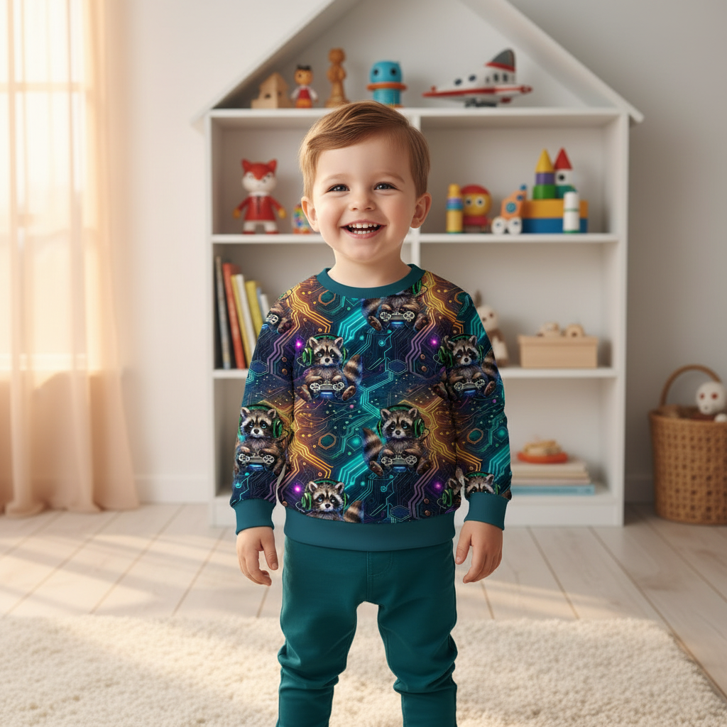 Gaming-Waschbär-Pullover Junge petrol 1:1