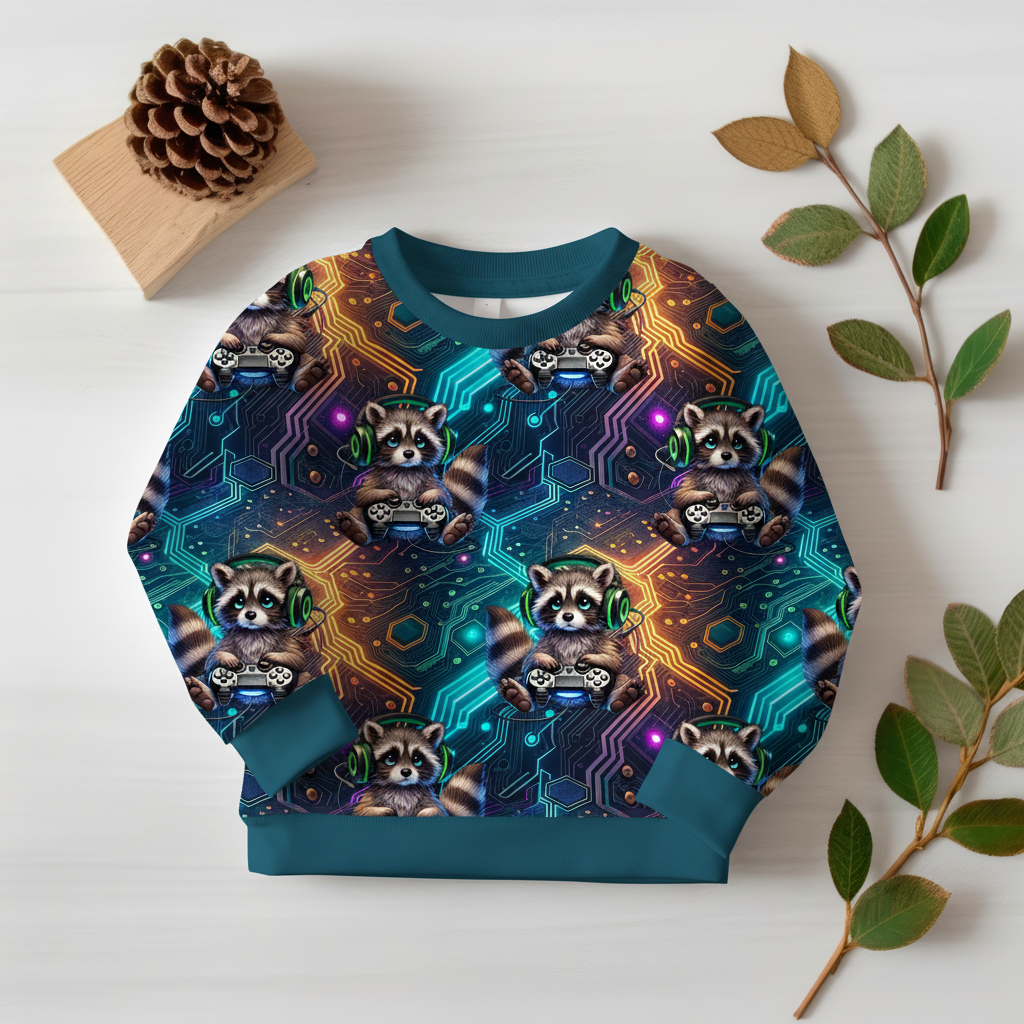 Gaming-Waschbär-Pullover mit Petrol-Bündchen 1:1