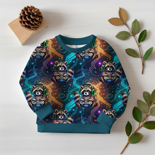 Gaming-Waschbär-Pullover mit Petrol-Bündchen 1:1