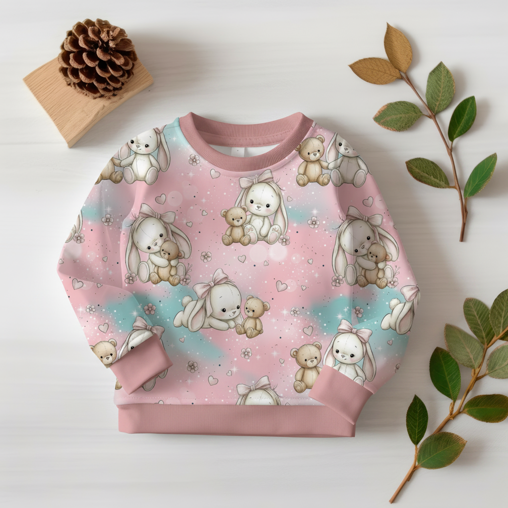 Häschen-Teddybär-Pullover mit altrosa Bündchen 1:1