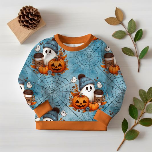 Halloween-Geist-Pullover mit orangefarbenen Bündchen 1:1