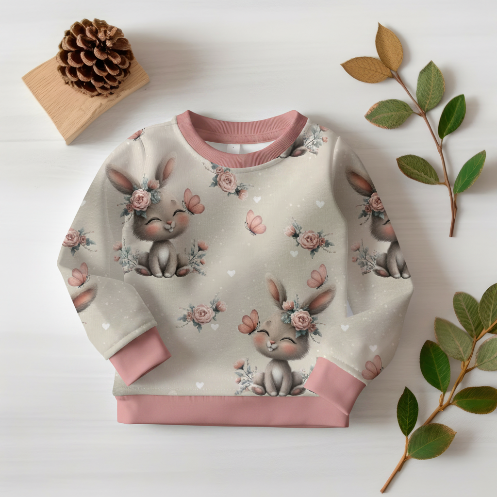 Hasen-Pullover mit altrosa Bündchen 1:1