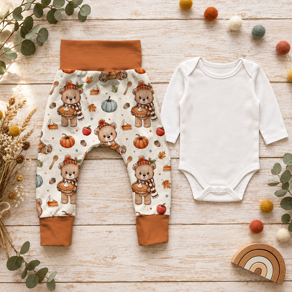 Herbstbären-Pumphose mit orangebraunen Bündchen als Flatlay