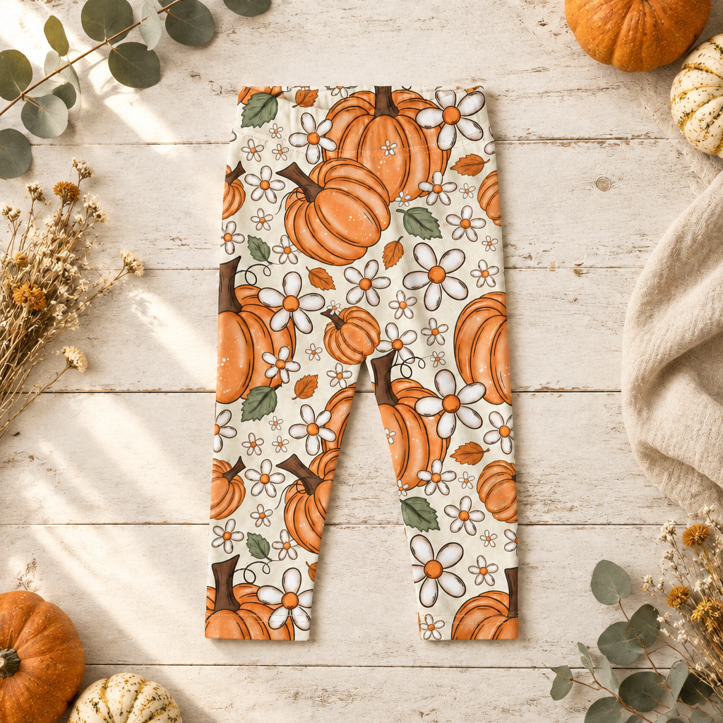 Herbstliches Flatlay der Kürbis-Leggings
