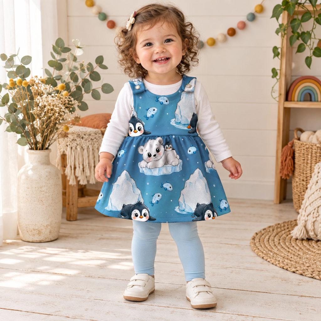 Kind trägt das blaue Latzkleid mit Pinguinen und Eisbärmotiv