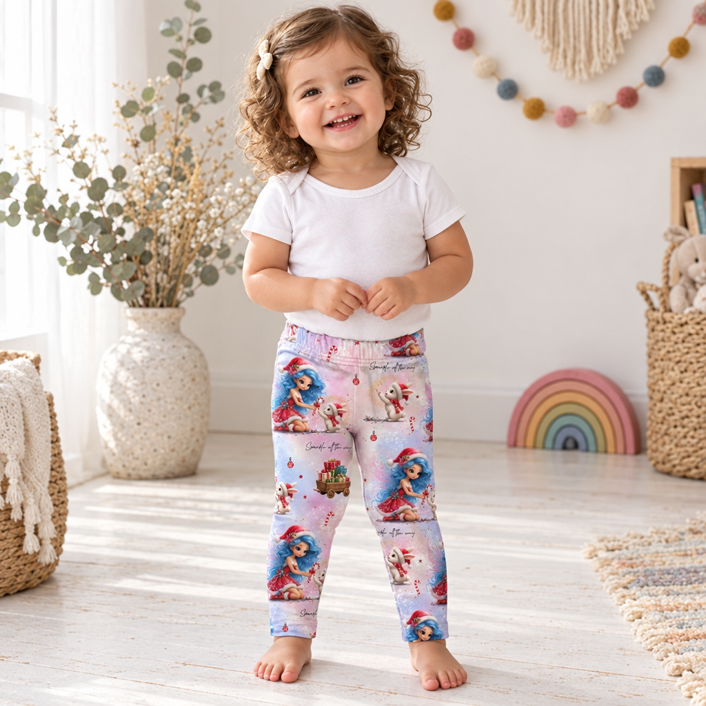 Kleines Mädchen mit weißem Body und Weihnachtszauber-Leggings von vorne im Boho-Zimmer
