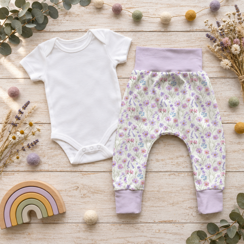 Pumphose mit zartem Wildblumenmuster und fliederfarbenen Bündchen neben einem schlichten weißen Body.