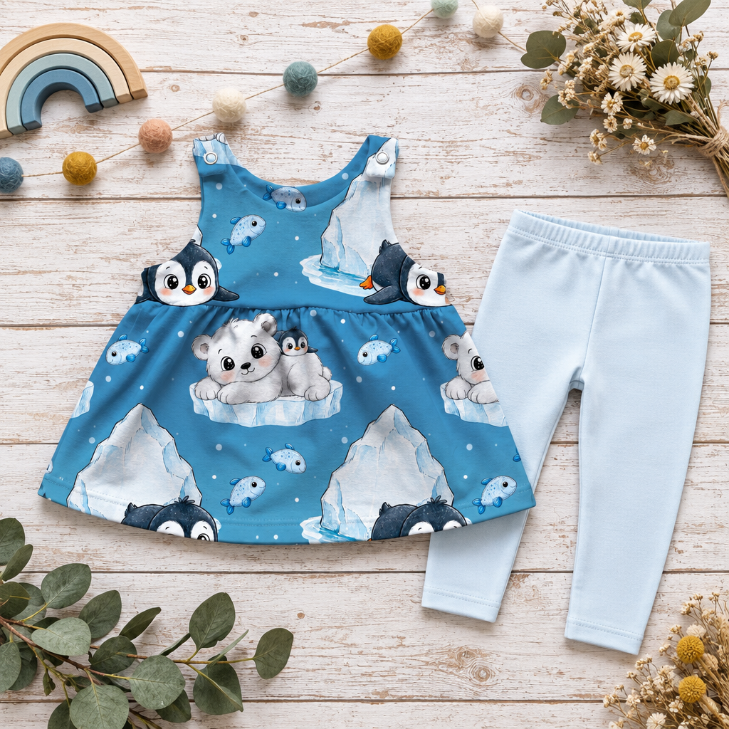 Blaues Latzkleid mit Pinguin- und Eisbärmotiv neben passender Leggings
