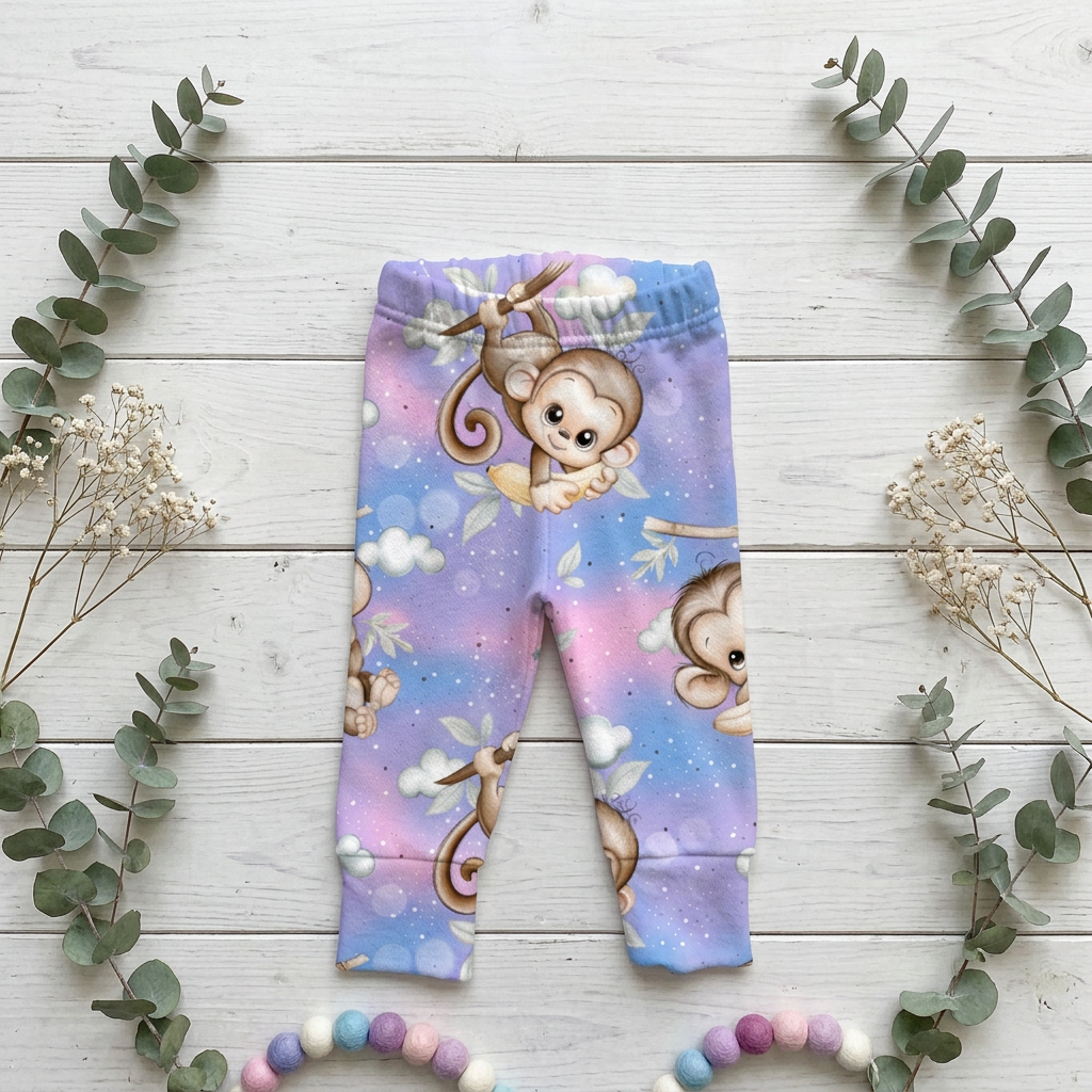 Flatlay Leggings Äffchenzauber in Blau, Flieder und Rosa mit gesäumten Beinabschlüssen
