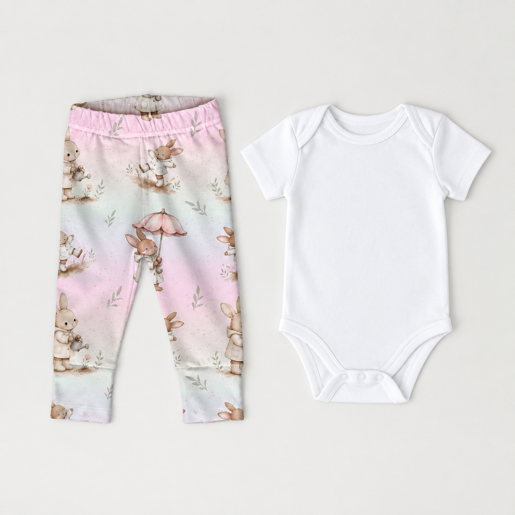 Leggings Hasengarten mit weißem Body Flatlay