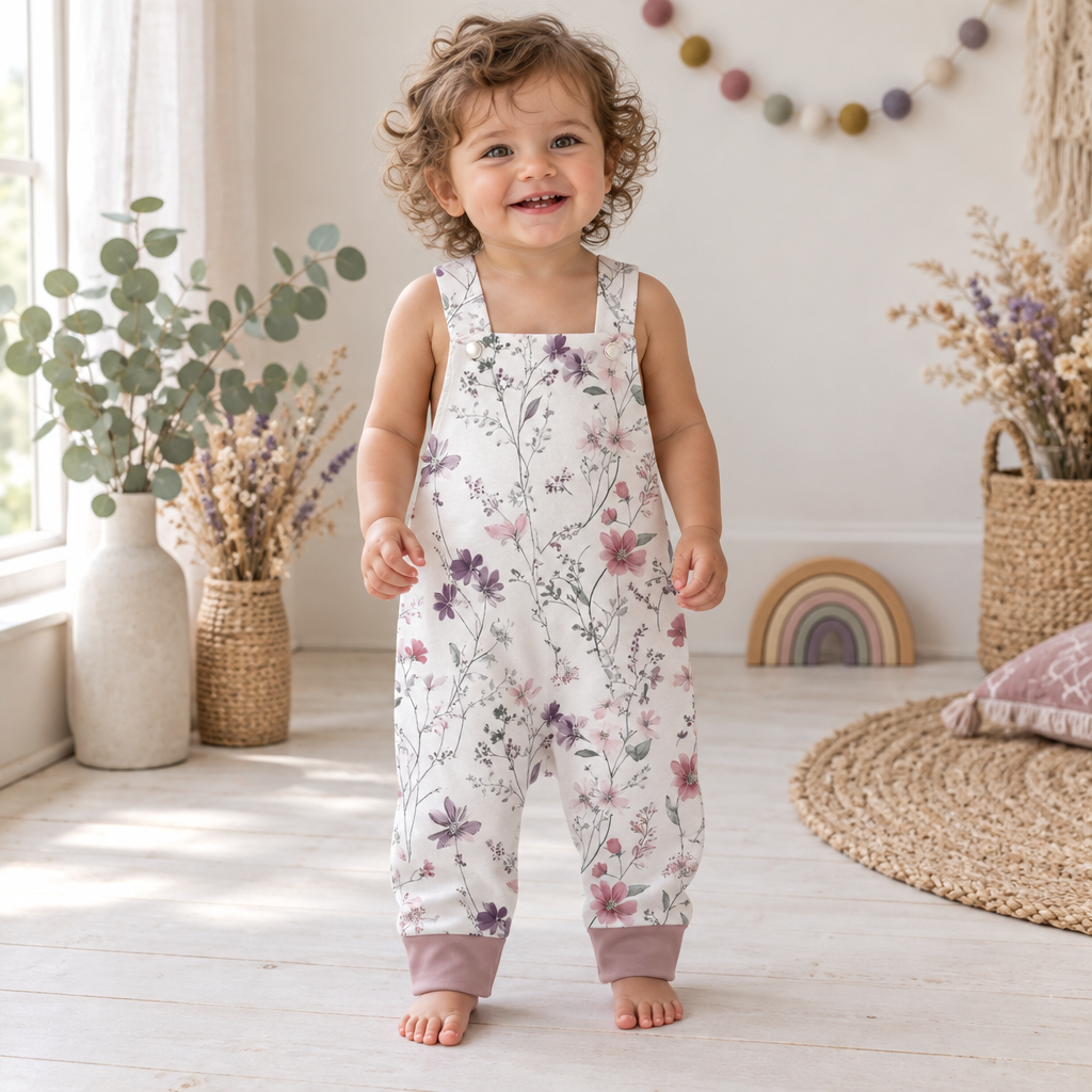 Kind trägt eine Latzhose mit zartem Wildblumenmuster und altrosafarbenen Bündchen