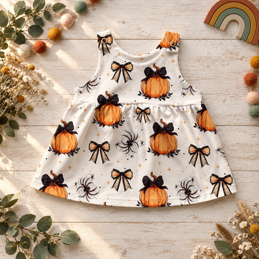 Flatlay eines hellen Latzkleids mit orangefarbenen Kürbissen, schwarzen Schleifen und Spinnen