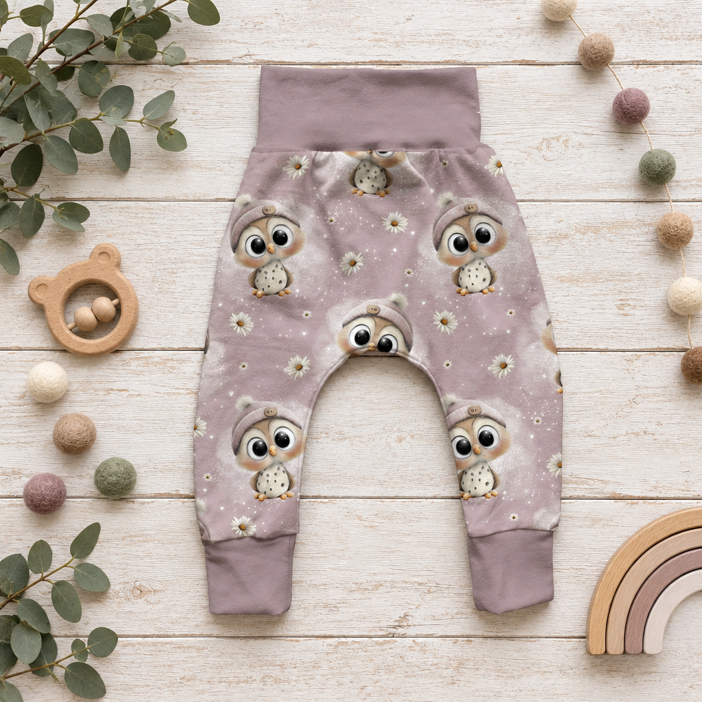Pumphose Kleine Eulen mit weißem Body Flatlay