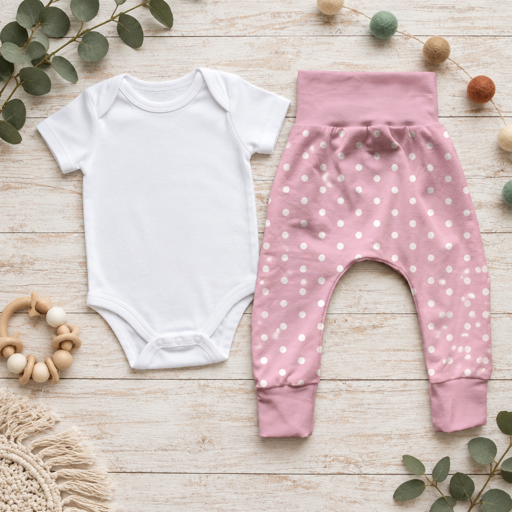 Pumphose Rosa Pünktchen mit weißem Body Flatlay