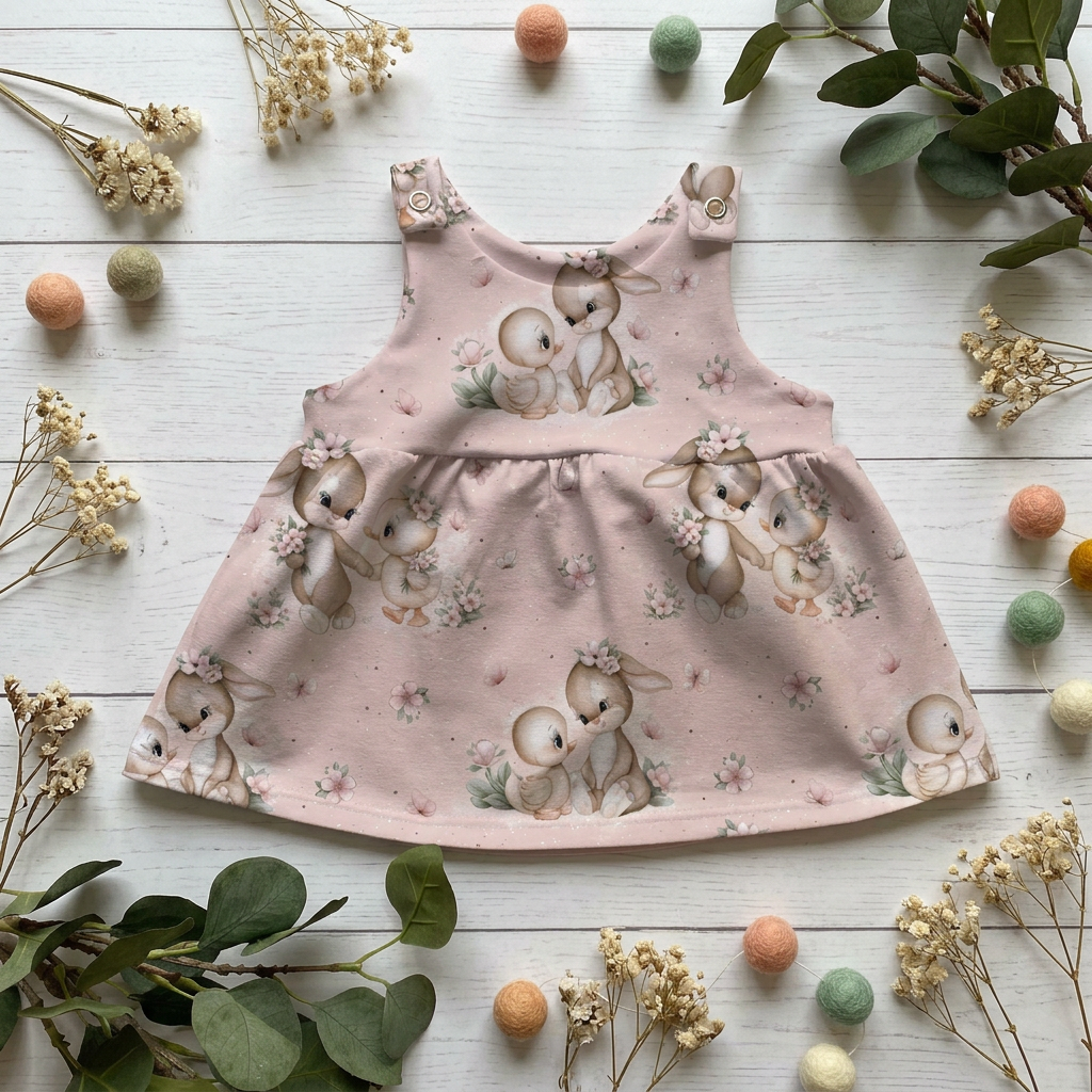Flatlay des rosafarbenen Latzkleids Häschen und Entchen mit Blumenmotiv