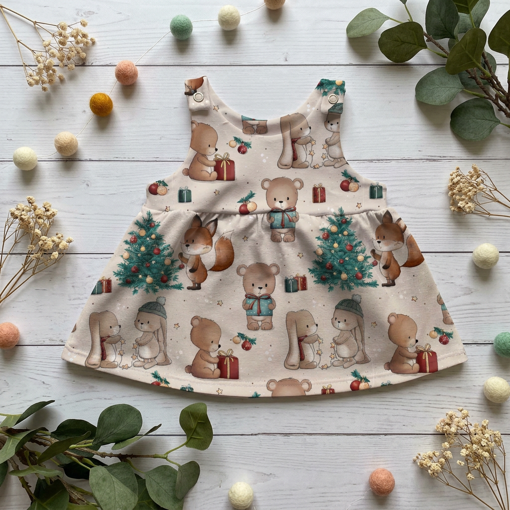 Flatlay Weihnachts-Latzkleid Weihnachtliche Waldfreunde mit Waldtieren und Tannenbäumen