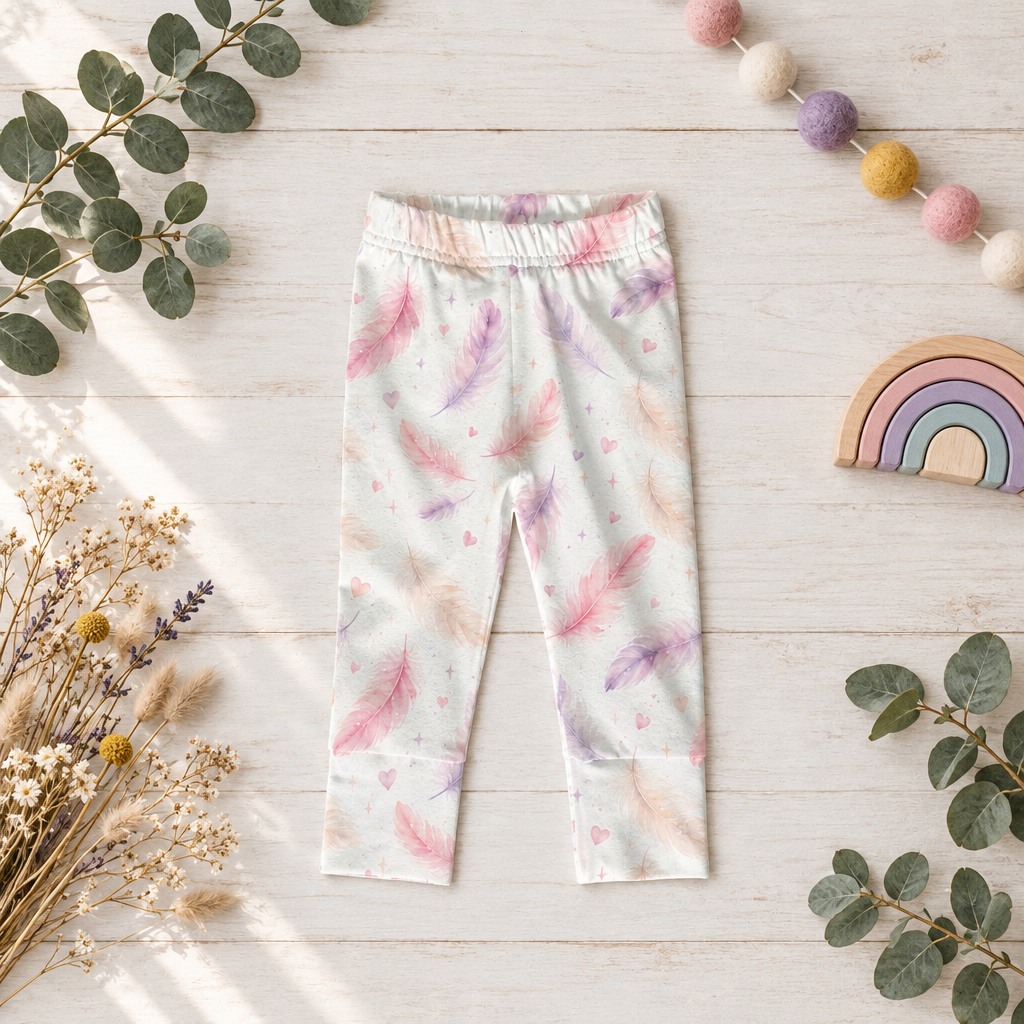 Cremeweiße Leggings mit pastelligen Federprints in Rosa, Flieder, Blau und Pfirsich als dekoriertes Flatlay.