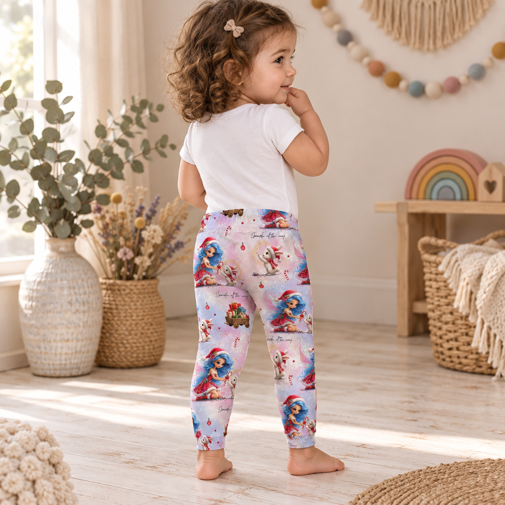 Weihnachtszauber-Leggings am Kind in hinterer Dreiviertelansicht im Boho-Zimmer