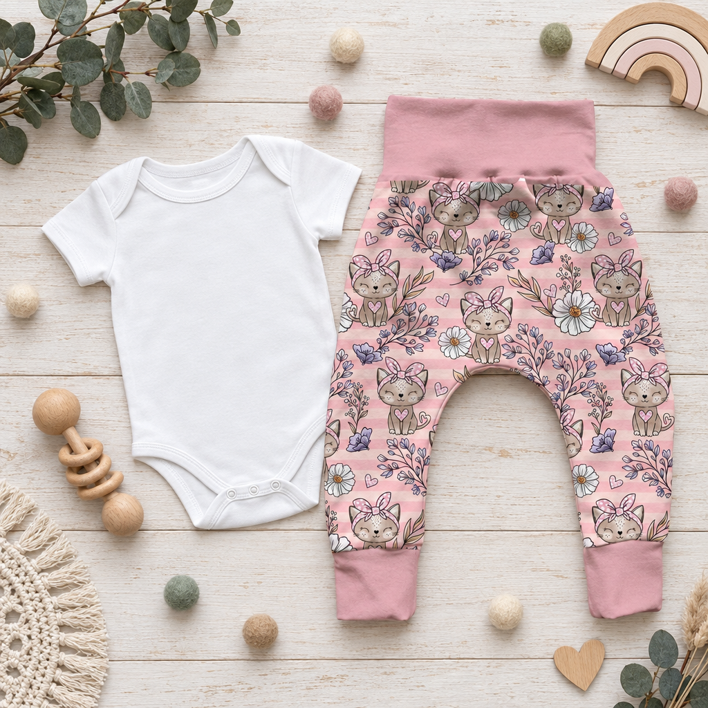 Pumphose Blüten-Kätzchen mit weißem Body Flatlay
