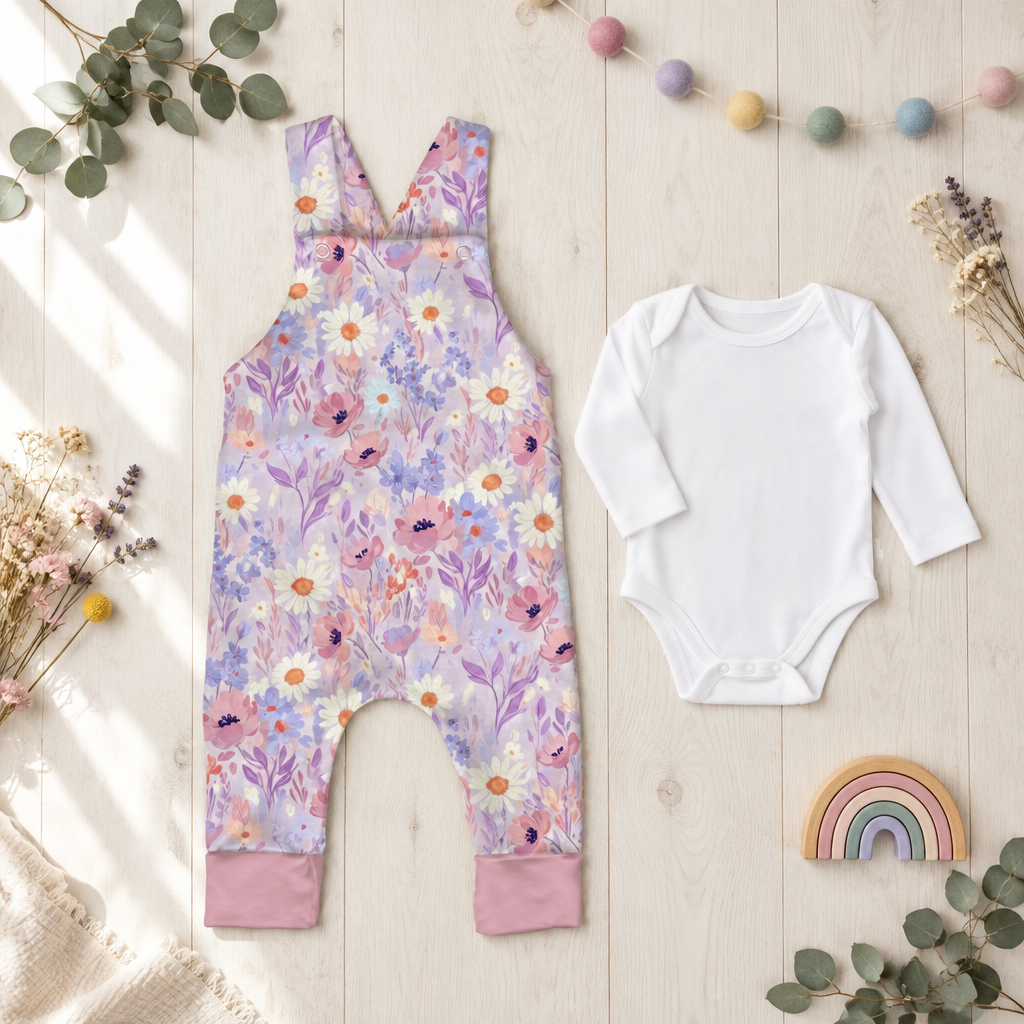 Latzhose mit zartem Blumenmuster neben einem weißen Body