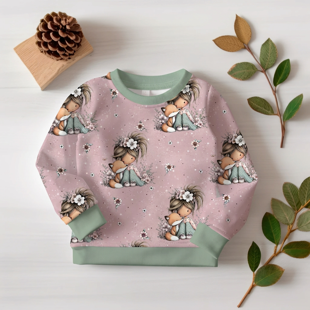 Flatlay des rosafarbenen Pullovers Mädchen und Fuchs mit salbeigrünen Bündchen