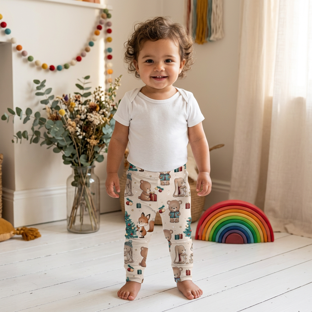 Mädchen trägt Weihnachtsleggings Waldfreunde mit weißem motivfreiem Body im Boho-Hintergrund