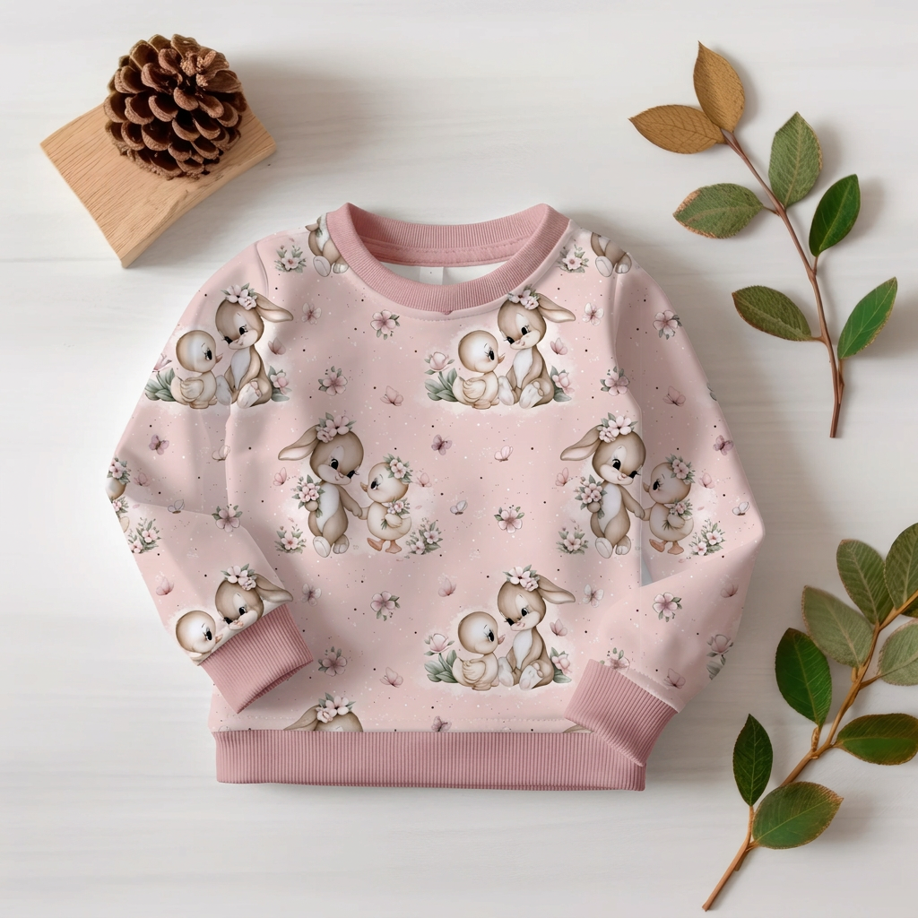Flatlay Pullover mit Häschen und Entchen auf Hellrosa und altrosa Bündchen