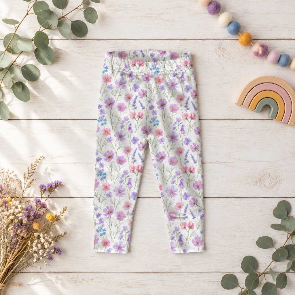 Cremeweiße Leggings mit dichtem Blumenmuster in Flieder, Lila, Rosa und Blau als Flatlay.