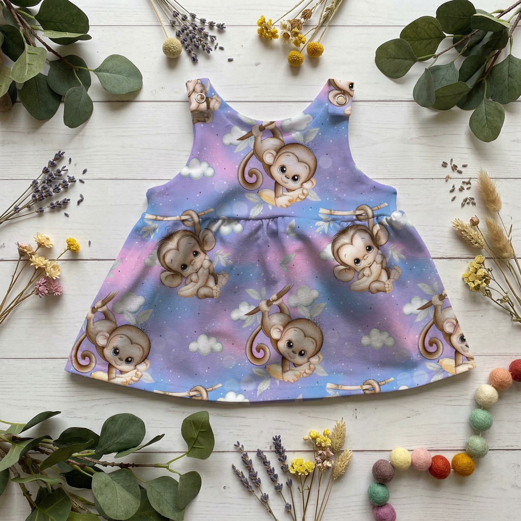 Flatlay des Latzkleids Äffchenzauber mit Äffchenmotiv in Blau, Flieder und Rosa