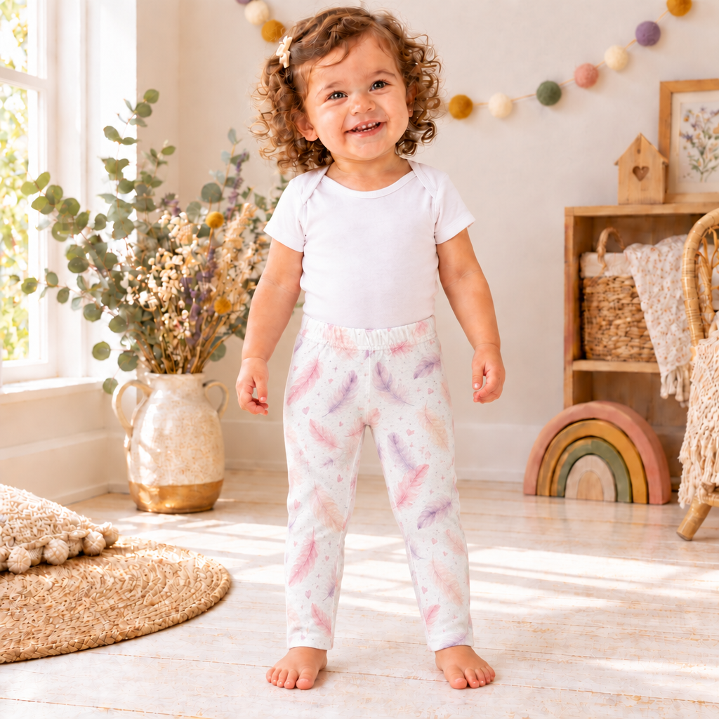 Kind trägt eine weiße Leggings mit pastelligen Federprints in Rosa, Flieder, Blau und Pfirsich.