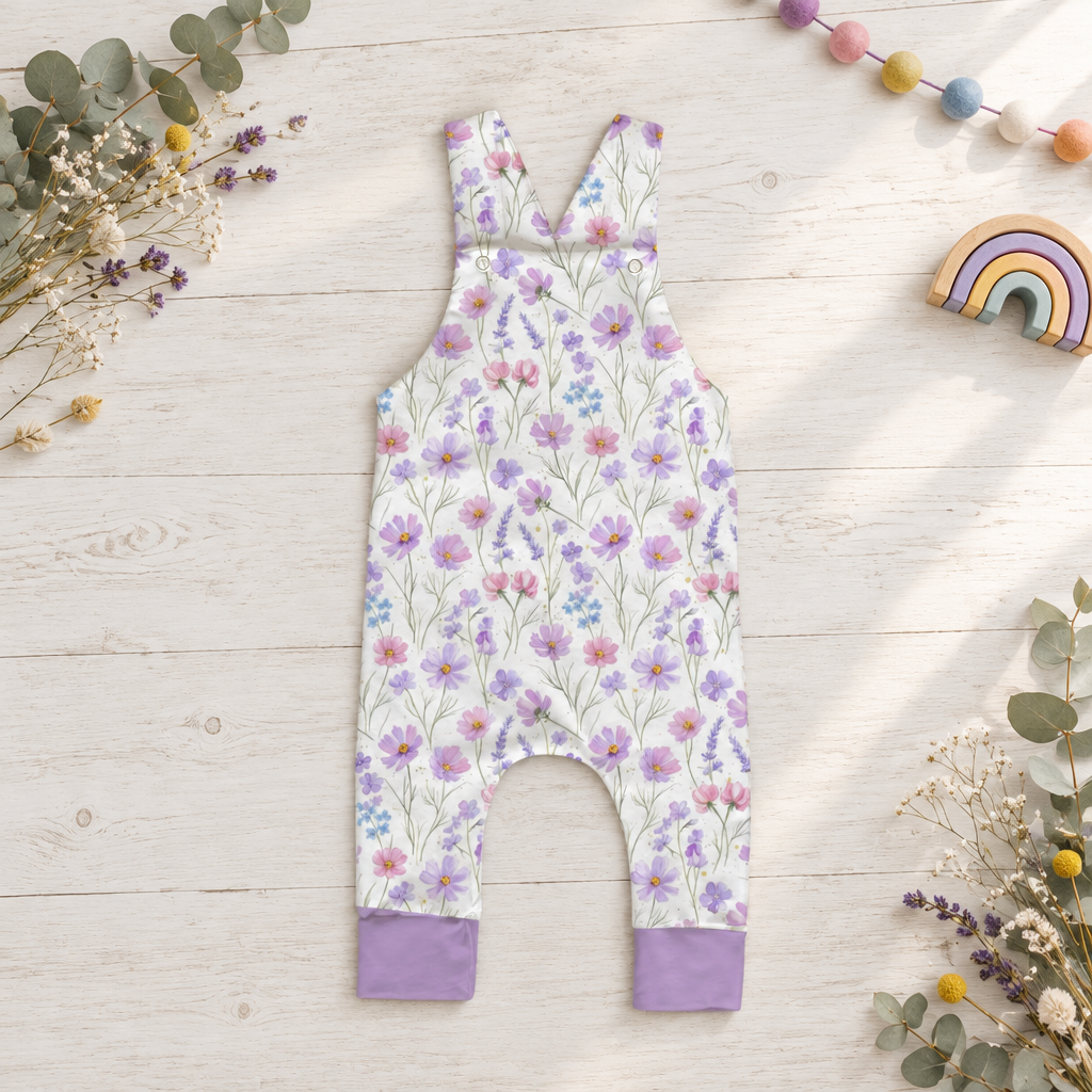 Flatlay der Latzhose mit fliederfarbenem Blumenmuster und lilafarbenen Beinbündchen