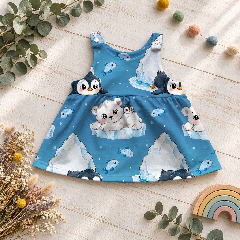 Flatlay des blauen Latzkleids mit Pinguinen, Eisbär und Eisschollen