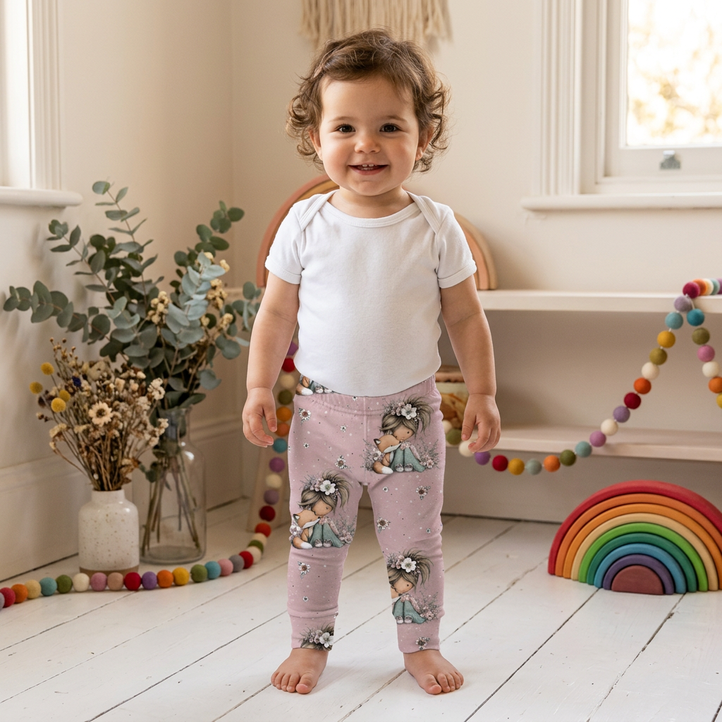 Mädchen trägt Leggings Mädchen und Fuchs mit weißem motivfreiem Body im Boho-Hintergrund