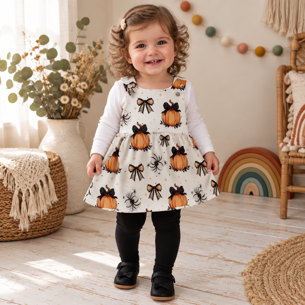 Kind trägt ein helles Latzkleid mit orangefarbenen Kürbissen und schwarzen Schleifen sowie schwarze Leggings