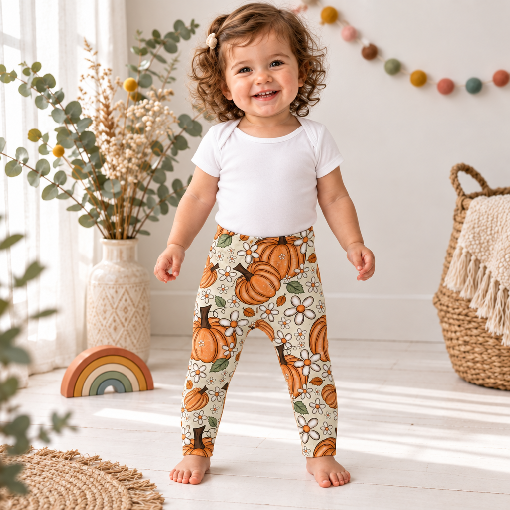 Mädchen trägt Leggings Kürbisblümchen mit weißem Body