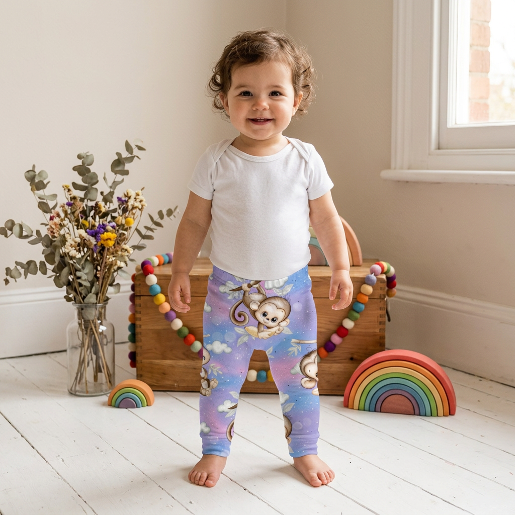 Mädchen trägt Leggings Äffchenzauber mit weißem motivfreiem Body im Boho-Hintergrund