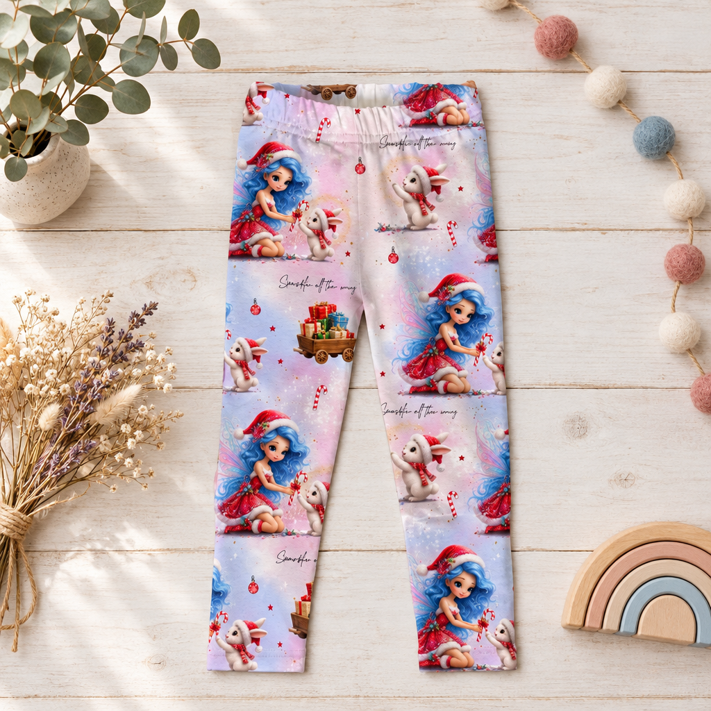 Pastellfarbene Leggings mit Weihnachtsmädchen, weißen Hasen und Geschenken auf hellem Holz