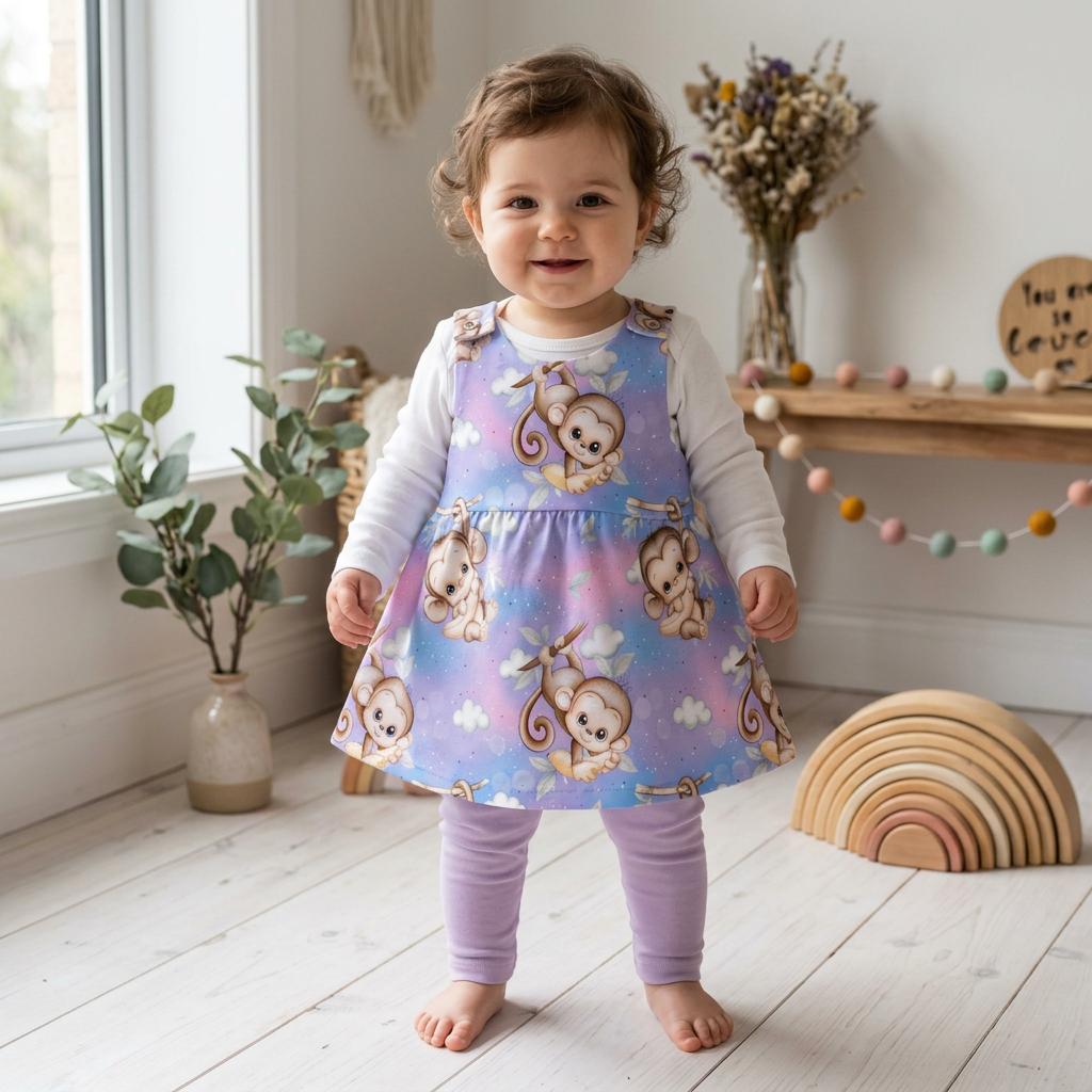 Mädchen trägt Latzkleid Äffchenzauber mit weißem Body und fliederfarbener Leggings im Boho-Hintergrund