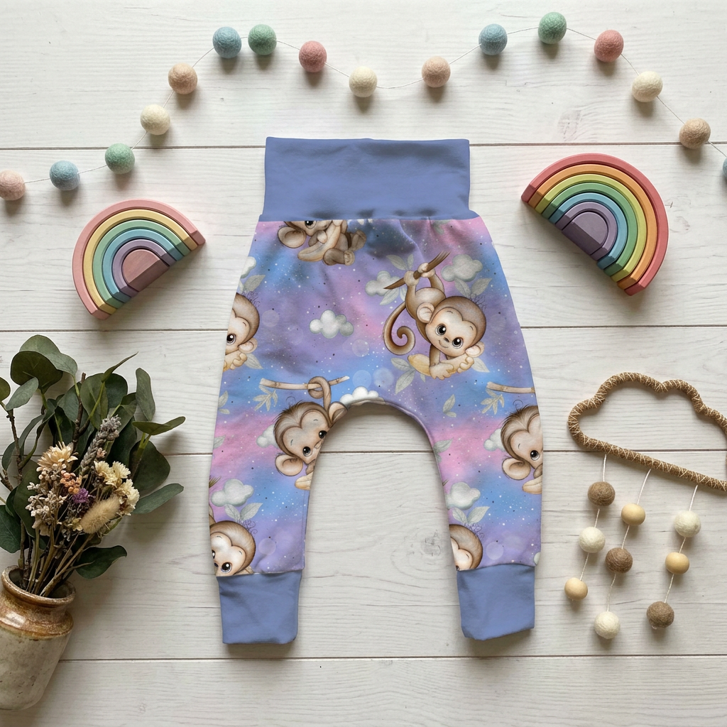 Dekoriertes Flatlay der Pumphose Äffchen-Wolkentraum