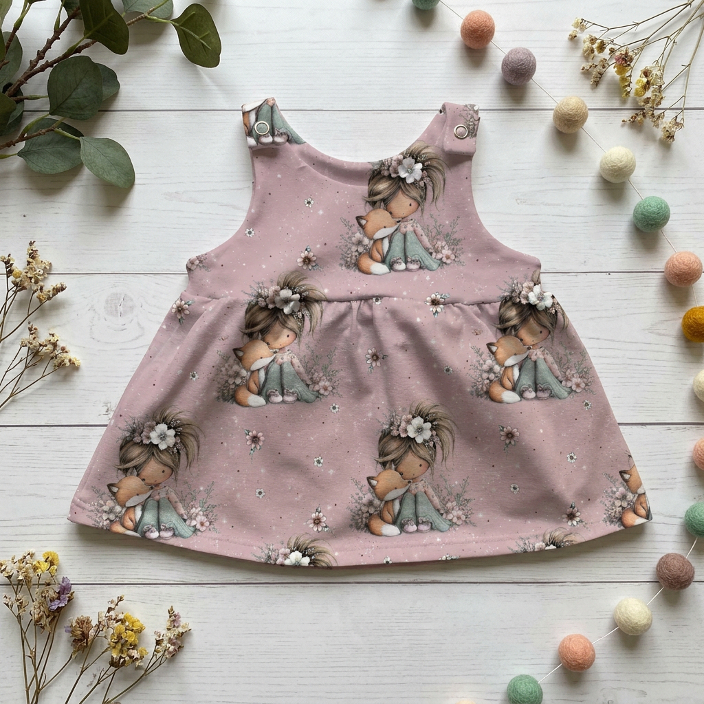 Flatlay des rosafarbenen Latzkleids Mädchen und Fuchs mit Blumenmotiv