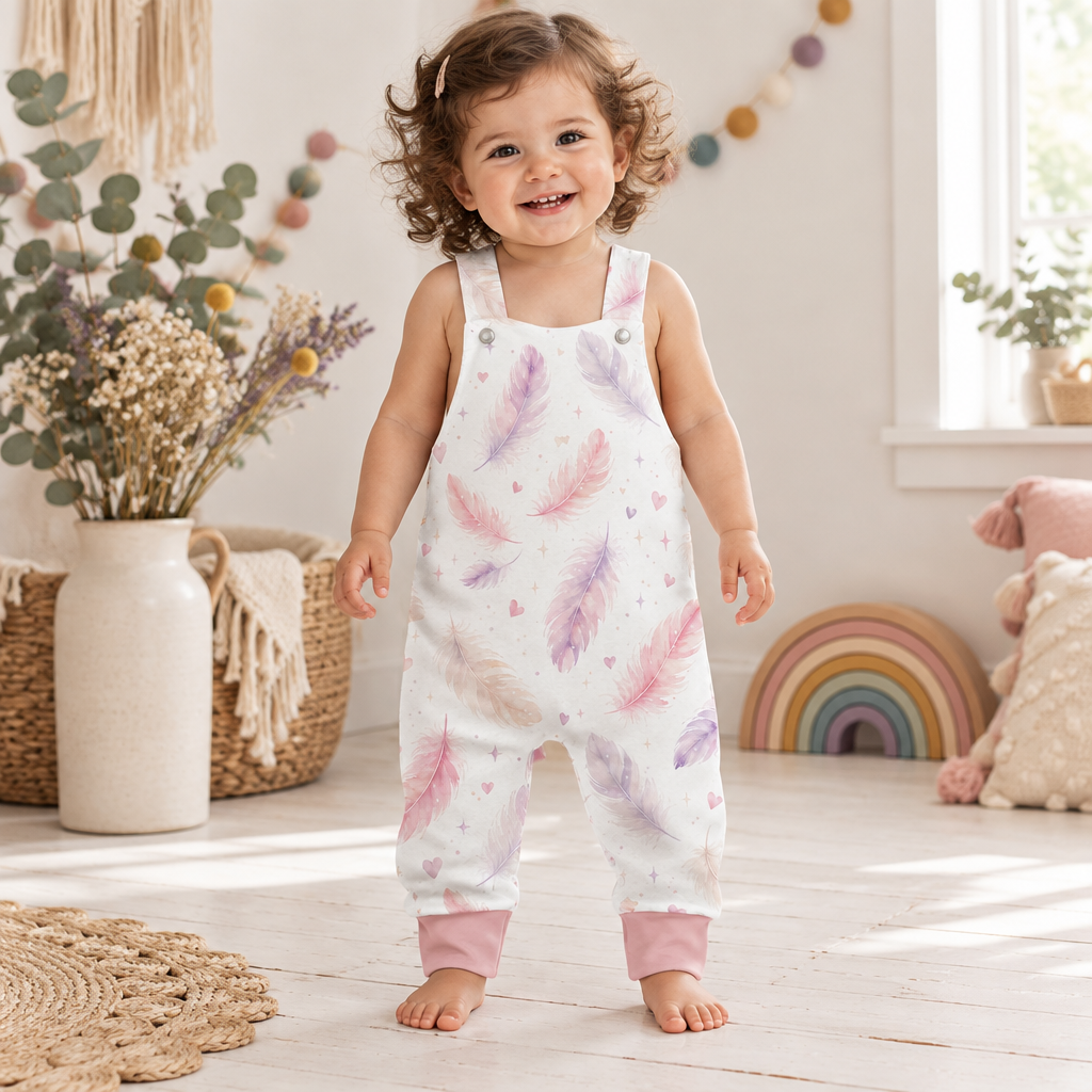 Kind trägt die helle Latzhose mit zarten Federn in Rosa und Flieder